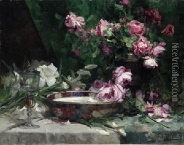 Still Life With Roses And Lillies Oil Painting - Marie De Bievre
