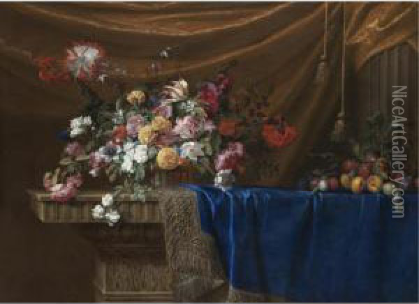 A Still Life Of A Basket Of Flowers And A Mound Of Fruit On A Sculpted Stone Table, Partly Covered With A Blue Velvet, Gold-and-silver-fringed Cloth With Drapery And A Stone Column In The Background Oil Painting - Jean Picart