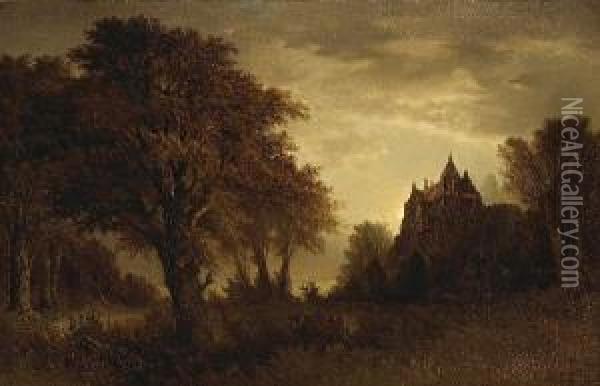 A Wooded Landscape With A Manor House In Thedistance Oil Painting - Thomas Lochlan Smith