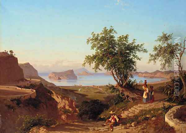Neapolitan coastal landscape with Ischia and Capri beyond Oil Painting - Giacinto Gigante