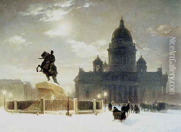 View of the Monument to Peter the Great in Senate Square, St. Petersburg, 1870 Oil Painting - Vasilij Ivanovic Surikov