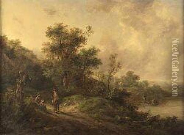 A Wooded River Landscape With Figures On A Country Path Oil Painting - Richard Hilder