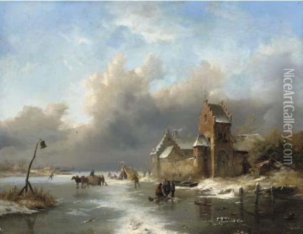 Winter Landscape With Figures On A Frozen River Oil Painting - Frederik Marianus Kruseman