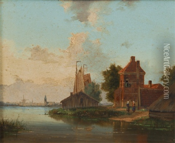 River Landscape With A Dutch Town In The Background Oil Painting - Hendrik Hulk
