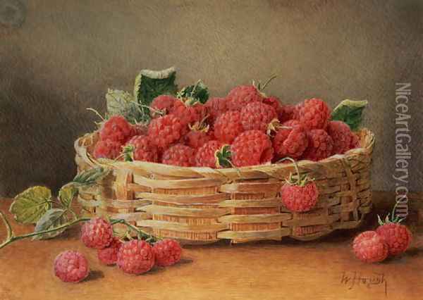 A Still Life of Raspberries in a Wicker Basket Oil Painting - William B. Hough