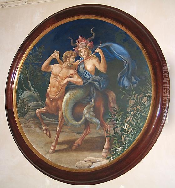Depicting A Mermaid Riding On The Back Of A Centaur In Dark Forestlandscape, Within Parcel Gilt Walnut Frame. Oil Painting - Carlo Marchioni