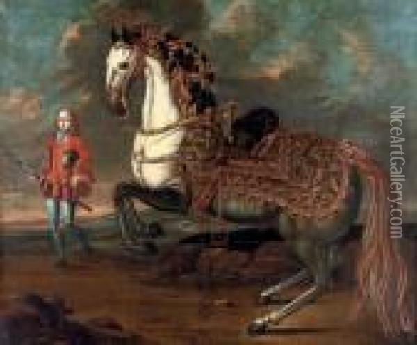 A Rearing Stallion, Possibly A 
'lipizzaner' With An Elaborate Saddle With An Elegant Groom Nearby Oil Painting - Johann Georg Hamilton