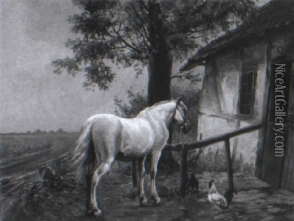 G+rdeksteri+r Med Hvid Hest Og H+ne Oil Painting - Simon Simonsen