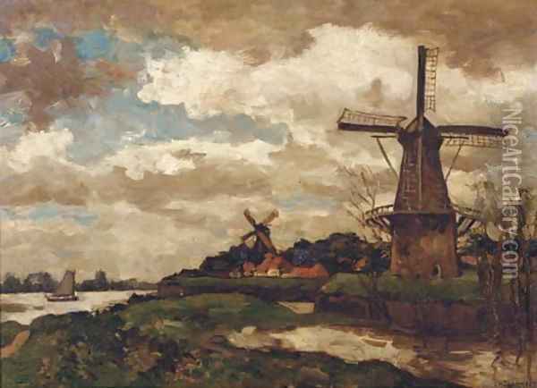 Omgeving Woudrichem windmills by a river Oil Painting - Charles Dankmeijer