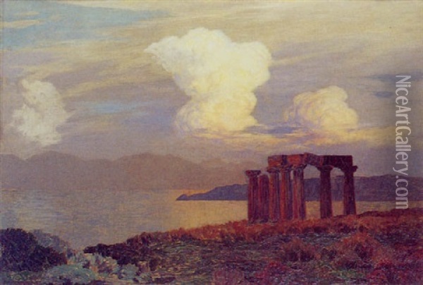 Ruines D'un Temple Antique Au Crepuscule Oil Painting - Emile Rene Menard