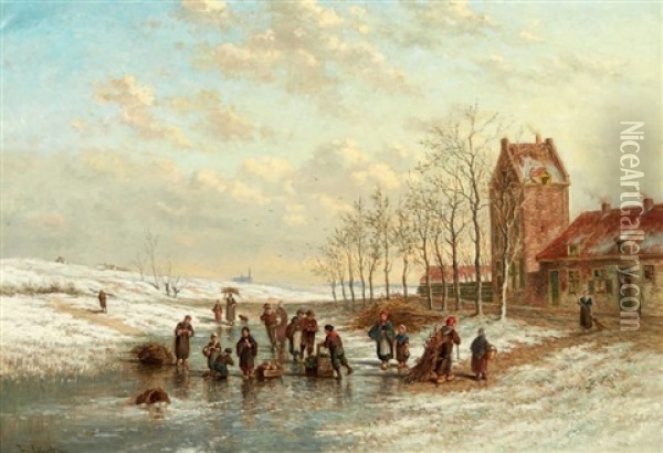 Village Sous La Neige Oil Painting - Johan Nicolaas Van Lokhorst