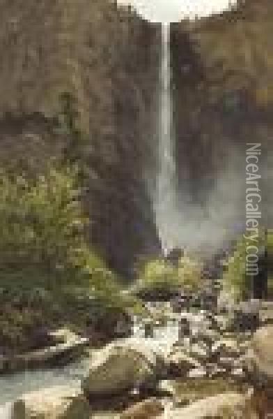 Summer Stream And Cascading Falls Oil Painting - Thaddeus Welch