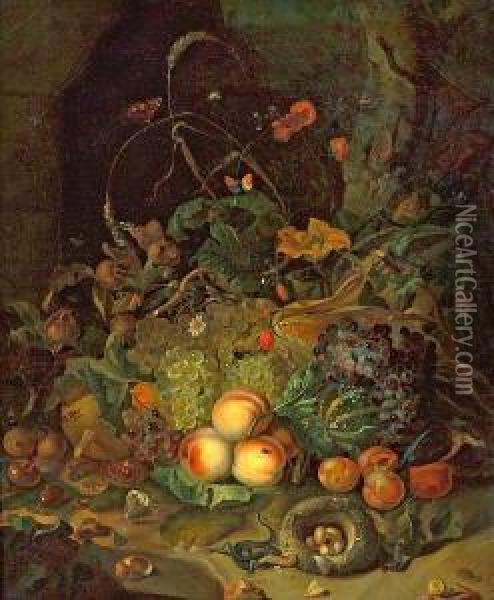 A Still Life With Flowers, Fruits Andinsects Oil Painting - Rachel Ruysch