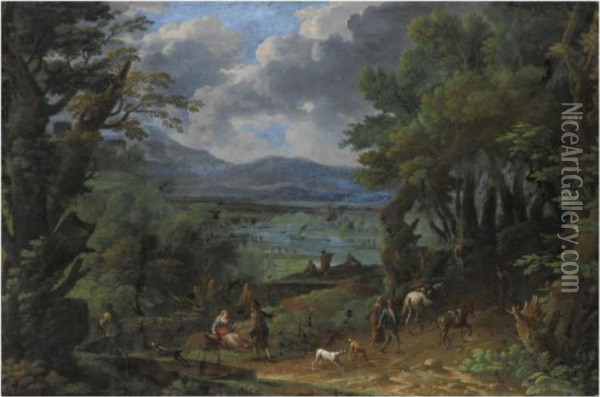 Paesaggio Fluviale Con Viandanti Oil Painting - Jan Frans Van Bloemen (Orizzonte)