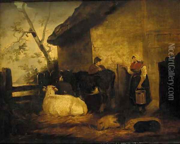 The milk maid and cow herd Oil Painting - George Morland