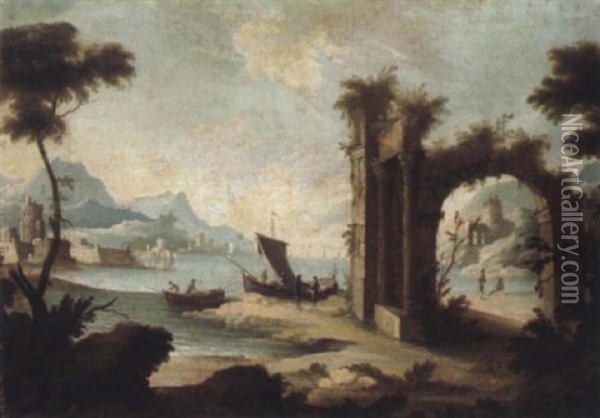 Paesaggio Arcadico Con Figure, Kustenlandschaft Mit Booten Und Einem Verfallenen Portikus Oil Painting - Giovanni Battista Cimaroli