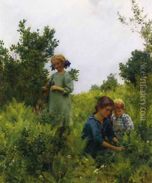 Blueberries and Ferns Oil Painting - Charles Curran