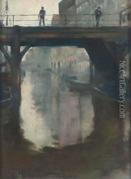 View Of Figures On A Bridge Oil Painting - Lesser Ury