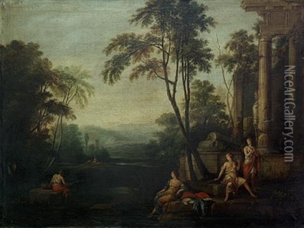 An Arcadian Landscape With Maidens Resting Before A Temple Ruin Oil Painting - Pierre Antoine Patel