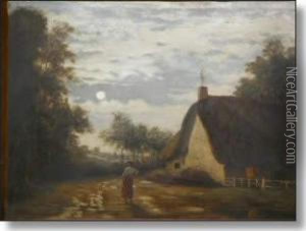 Moonlight Country Scene With Cottage And Figure Oil Painting - Edward Opie