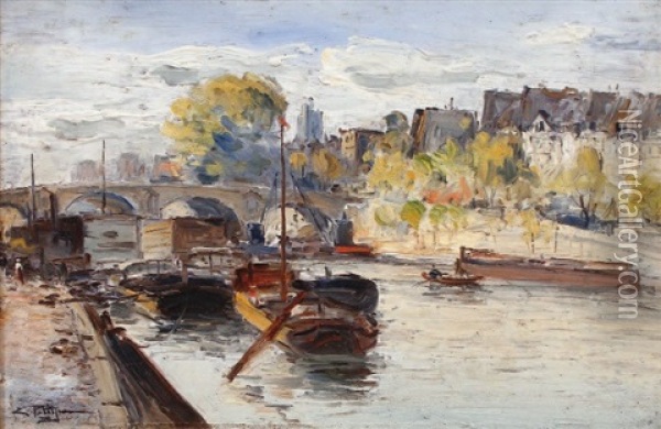 Les Peniches Au Pont-neuf Oil Painting - Edmond Marie Petitjean