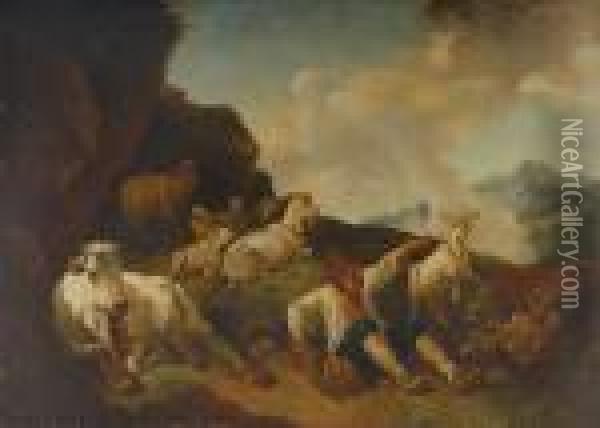 A Shepherd Resting On A Hillside With A Cow Sheep And Goats Oil Painting - Philipp Peter Roos