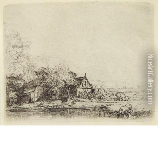 Landscape With Cow Drinking Oil Painting - Rembrandt Van Rijn