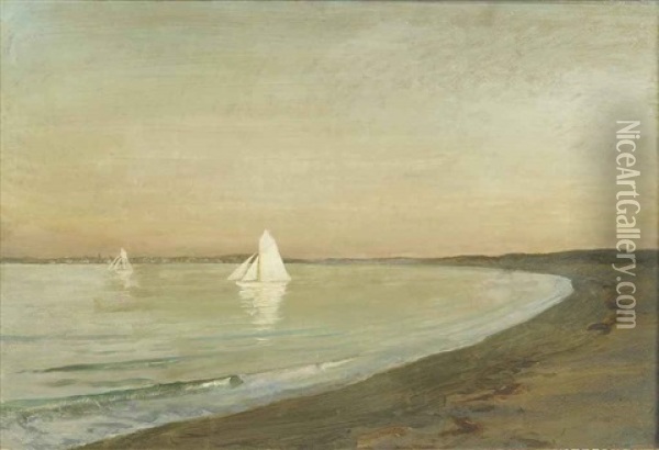 Sailing Boats In A Bay, At Sunset Oil Painting - Emile Rene Menard
