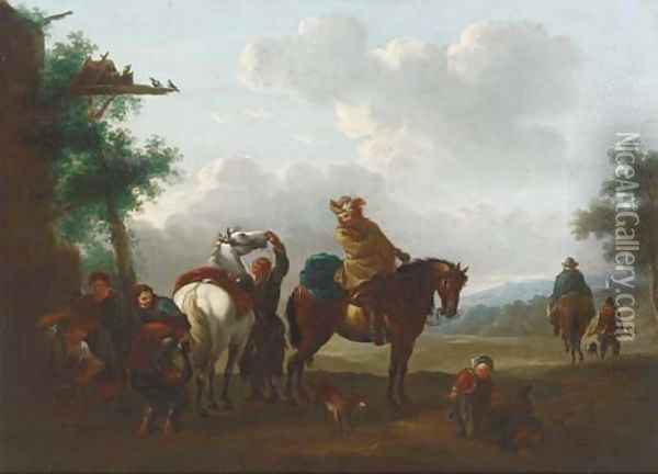 Travellers at halt by a blacksmith's cottage Oil Painting - Philips Wouwerman