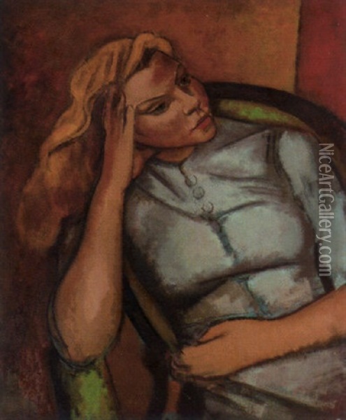 Girl Contemplating Oil Painting - Bernard Meninsky