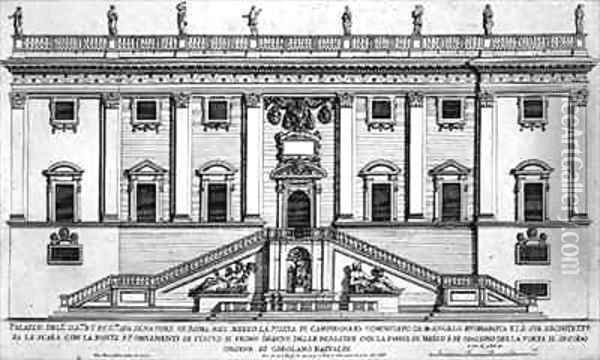 View of the facade of Palazzo Senatorio in Piazza del Campidoglio Rome Oil Painting - Giovanni Battista Falda