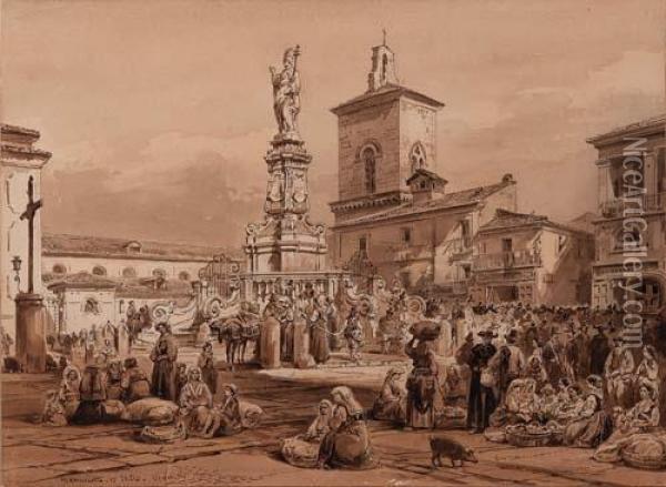 Mercato In Piazza Orsini A Benevento Oil Painting - Achille Vianelli