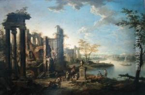 An Italianate River Landscape With Figures Resting By Classical Ruins Oil Painting - Franz Christoph Janneck
