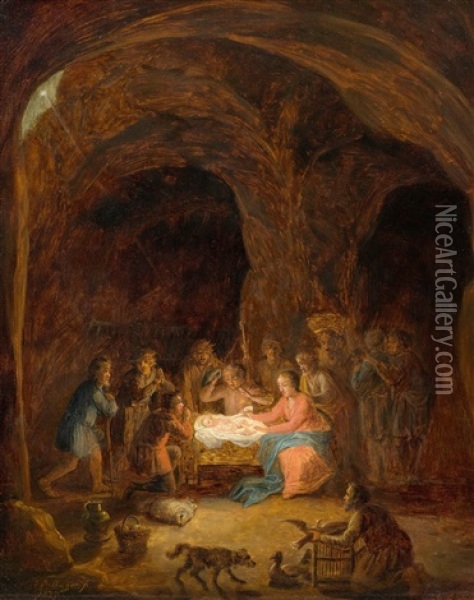 Adoration Of The Shepherds In A Cave Oil Painting - Johann Daniel Bager
