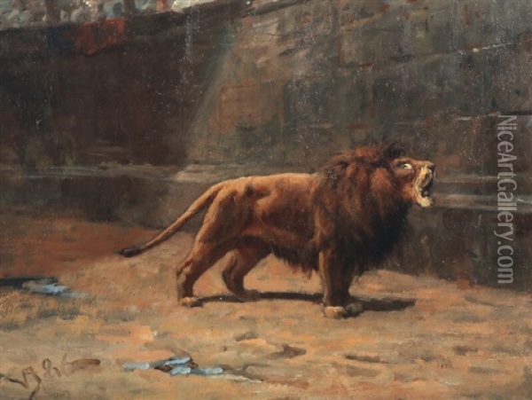 A Roaring Lion In Colosseum Oil Painting - Valdemar Henrik Nicolaj Irminger