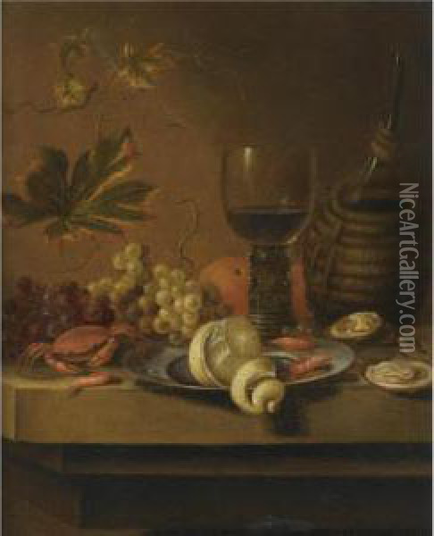 A Still Life With A Peeled Lemon On Pewter Plate With Oranges, Prawns, Oysters, A Crab Oil Painting - Dirk Sauts