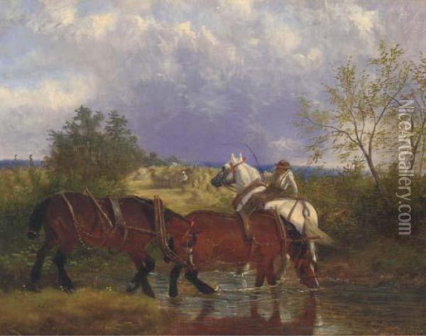 Work Horses Drinking From A Brook Oil Painting - William Joseph Shayer