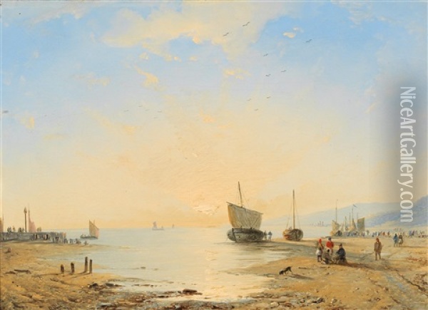 Fishermen On The Beach In The Evening Light Oil Painting - Remigius Adrianus van Haanen