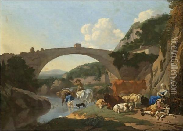 Italianate Landscape With Herders And Animals Resting By A River Under A Bridge Oil Painting - Karel Dujardin