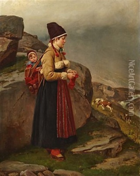 Mor Og Barn Oil Painting - Axel Ender