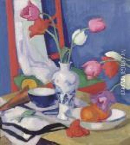Red Chair And Tulips Oil Painting - Samuel John Peploe