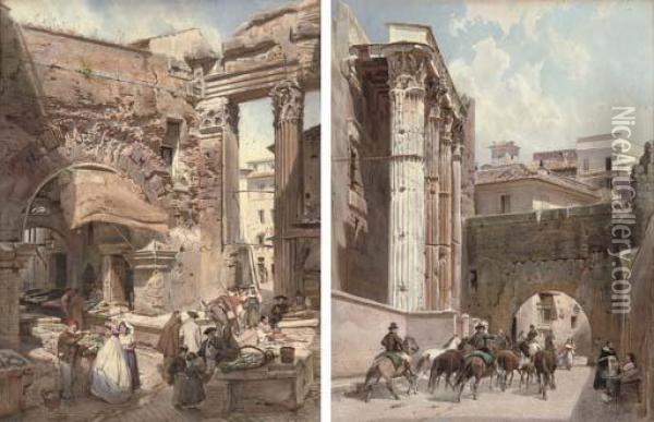 The Fish Market, Rome; And The Temple Of Mars Ultor Oil Painting - Ludwig Pasini
