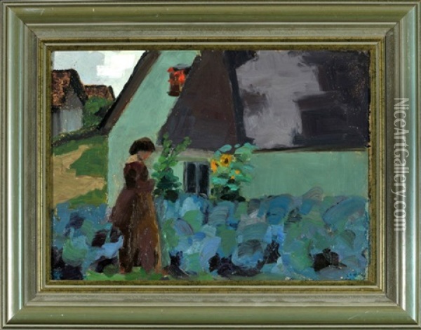 Frau Im Garten Am Haus Oil Painting - Erich Erler-Samedan