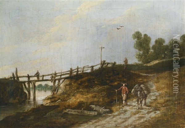 A Traveller And His Pack Horse Walking Along A Sandy Path Beside A Stream, A Rickety Wooden Bridge In The Distance With A Second Figure Standing Near A Wooden Crucifix Oil Painting - Esaias van de Velde the Elder