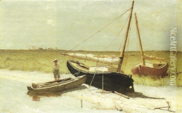 Two Beached Sailboats And A Dory Oil Painting - Dennis Miller Bunker