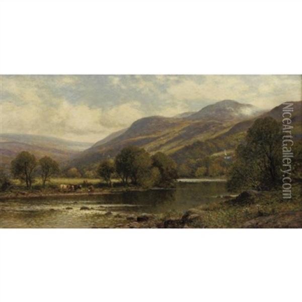 River Landscape With Watering Cattle Oil Painting - Alfred Augustus Glendening Sr.
