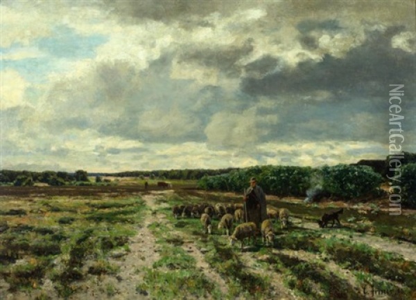Shepherd And His Flock In The German Lowlands 1896 Oil Painting - Carl Irmer