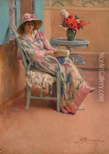  Elegante A Sa Lecture, Circa 1910  Oil Painting - Alexandre-Francois Bonnardel