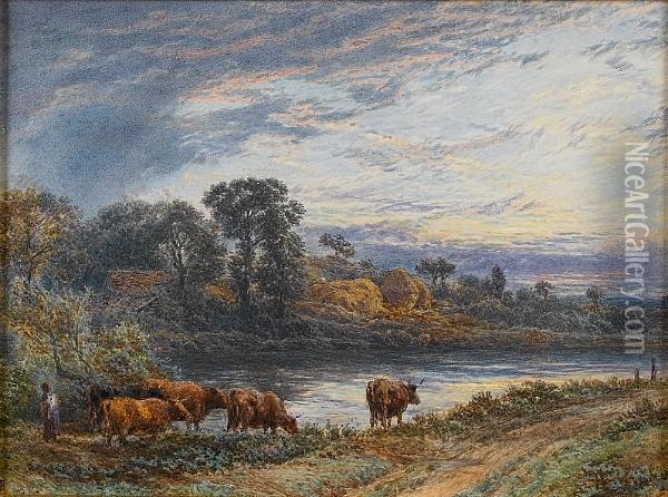 On The River Bank, Sunset Oil Painting - Myles Birket Foster