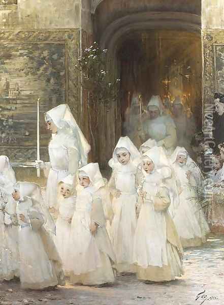 Theorie des petites filles a la procession de la fete dieu Oil Painting - Henri-Jules-Jean Geoffroy (Geo)